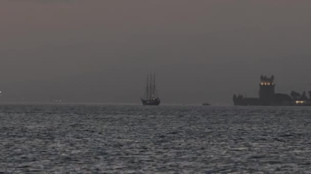 Sailing Boat Belem Fortress Evening Mid Shot — Stock Video