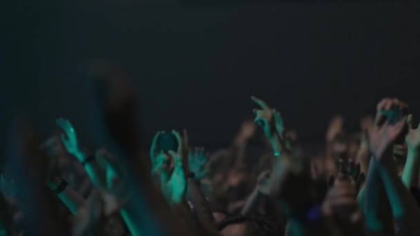 朋克乐队的歌迷在一个小俱乐部的人群中手拉手 — 图库视频影像