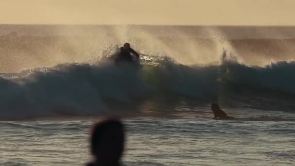 Man Surfing Big Wave Sunset Mid Shot — Stock Video