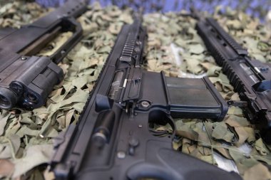 Düzgünce kamufle edilmiş bir yüzeye yerleştirilmiş çeşitli askeri silahlar..