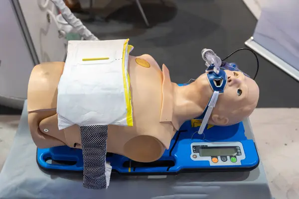 A medical training dummy equipped with tubes and devices for realistic emergency training.