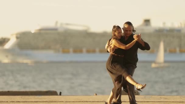 Een Romantische Dans Ontvouwt Zich Aan Waterkant Met Zon Die — Stockvideo
