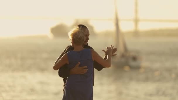 Rıhtımda Dans Eden Yaşlı Bir Çift Arka Planda Büyük Bir — Stok video