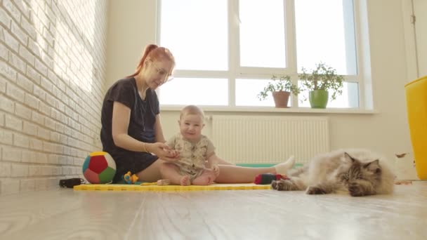 母とその小さな赤ちゃんは床のおもちゃで遊んでいます ふわふわの猫が近くに横たわってカメラを見ています ミッドショット — ストック動画