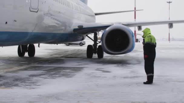 雪の滑走路で飛行機の前に立っている男 — ストック動画