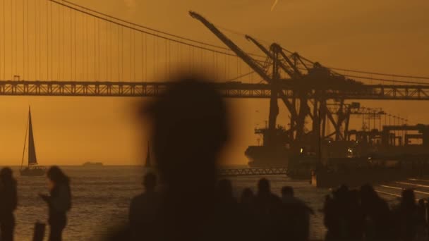 橋の前に立っている人々のグループ 黄金の日没 — ストック動画