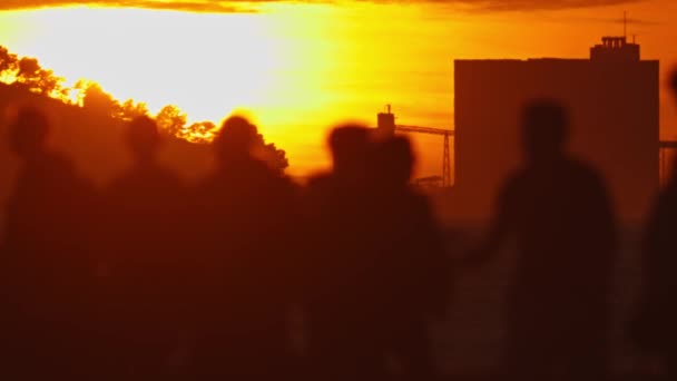 Grupo Pessoas Frente Uma Ponte Pôr Sol Dourado — Vídeo de Stock