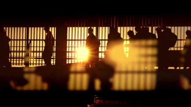 Πολλοί Επιβάτες Που Πρόκειται Ατμών Αεροδρόμιο Μπροστά Από Ηλιοβασίλεμα Σιλουέτα — Αρχείο Βίντεο