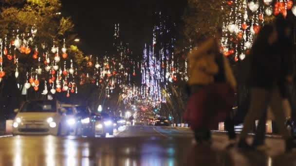 December 2023 Lisbon Portugal City Street Filled Lots Lights — Stock Video