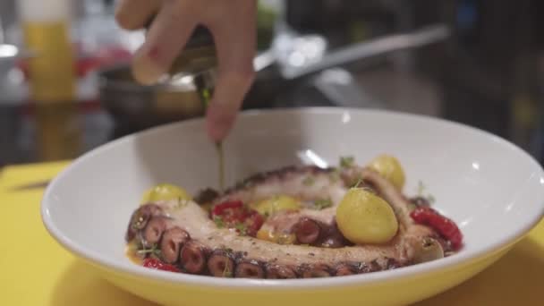 Chef Add Source Plate Seafood Octopus Close — Stock Video