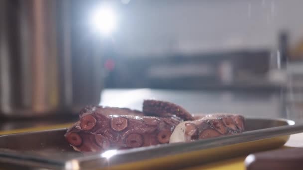Uno Chef Professionista Prepara Polpo Fresco Una Cucina Ristorante Occupato — Video Stock
