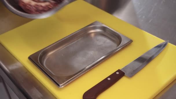 Person Glove Tray Knife Preparing Octopus Restaurant — Stock Video