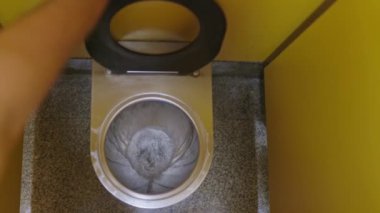 Siyah kapaklı ve gümüş kapaklı bir tuvalet. Tuvalet sarı bir odada.