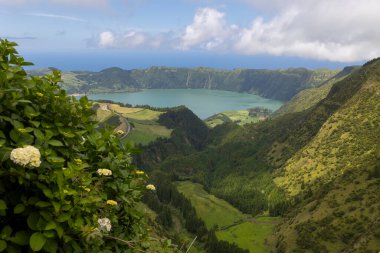 Arkasında göl olan güzel bir dağ manzarası. Göl yeşil tepeler ve ağaçlarla çevrili.