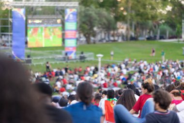 Büyük bir kalabalık parkta bir futbol maçı seyrediyor. Stadyum hayranlarla dolu ve atmosfer canlı ve enerjik.