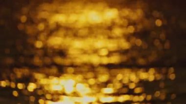 Görüntü bulanık, altından bir su yüzeyi ve bir sürü ışık yansıyor. Su sakin ve huzurlu görünüyor, üzerinde güneş parıldıyor gibi. Sahne sakin ve sakin.