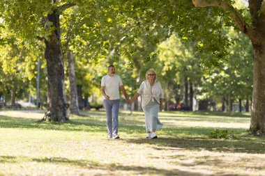 Kıdemli çift güneşli bir günün tadını çıkarıyor. Parkta birlikte yürüyorlar.