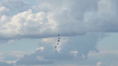 Askeri jetler manevraları gerçekleştirir, dinamik oluşumlar yaratır bulutlar ve şehir manzarasına karşı.
