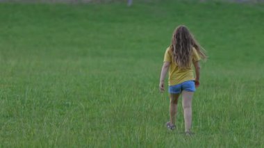 Çayırda yürüyen uzun saçlı kız.
