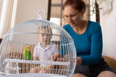 Anne ve oğul evdeki kafesinde evcil papağanlarıyla ilgileniyorlar.
