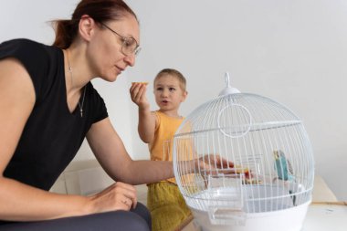 Anne ve oğul evcil papağanlarını kafesinde besleyip, aile bağlarını ve sorumluluk sahibi hayvan sahipliklerini destekliyor.