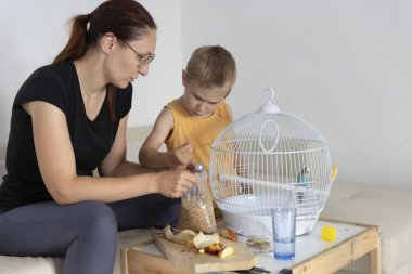 Anne ve oğul evcil kuşları için yemek hazırlıyor, sorumlu hayvan sahipliğini ve aile bağlarını destekliyor.