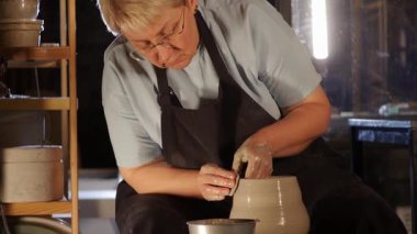 Yaşlı bir kadın tekerleğin üzerinde ıslak kilden bir kap yapıp kenarlarını düzleştiriyor. Orta çekim