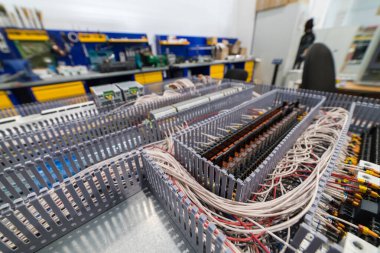 Endüstriyel kontrol sistemlerinin karmaşıklığını vurgulayan organize elektrik tesisat ve rölelerini gösteren bir elektrik dolabının yakın çekimi