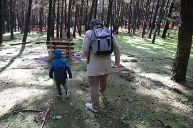 Baba ve oğul yemyeşil bir ormanda yürüyor, doğanın ortasında huzurlu bir yürüyüşün tadını çıkarıyorlar.