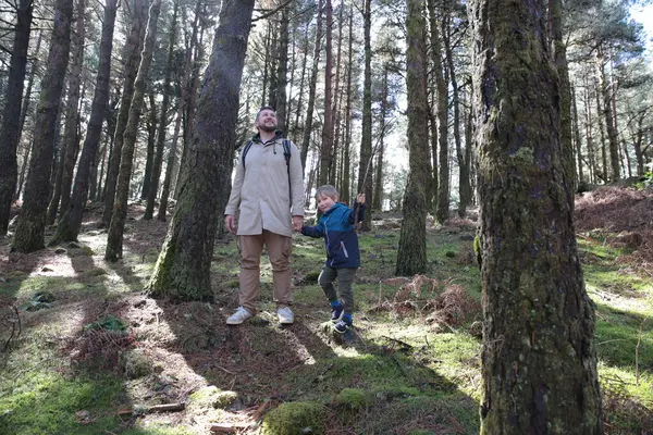 Baba oğul el ele tutuşuyor, güzel bir çam ormanını keşfediyor, doğada birlikte güzel vakit geçiriyoruz.