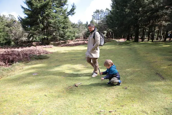 Baba ve oğul güneşli bir günün tadını çıkarıyorlar. Ormanda sopayla oynuyorlar.