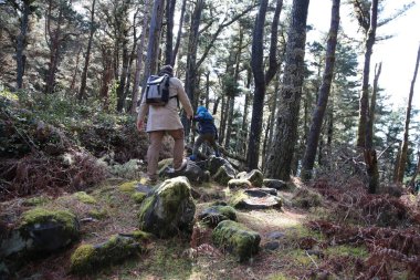 Baba ve oğul, gür bir ormanda dik yosunlu bir tepeye tırmanıyorlar.
