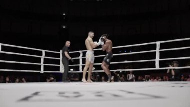 8 Mayıs 2025, Lizbon, Portekiz kickboks müsabakası iki muay thai dövüşçüsü bir maç sırasında yumruk ve tekme yumruklaşması.