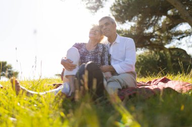 Doğada güneşli bir günün tadını çıkaran yaşlı bir çift, parkta bir battaniyenin üzerinde oturuyor.