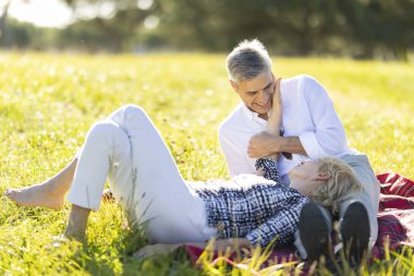 Yaşlı çift çayırda piknik yapıyor, sevgi ve mutluluk gösteriyorlar.