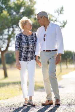 Mutlu emekli çift doğa yürüyüşünün tadını çıkarıyor.