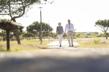 Mutlu emekli çift güneşli bir günde parkta yürüyüş yapıyor.