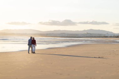 Yaşlı çift gün batımında sahilde huzur içinde yürüyüp emekliliklerini kucaklıyor.