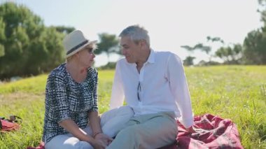 Yaşlı çift güneşli bir parkta piknik yaparken mutlu bir şekilde sohbet ediyor.