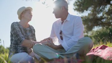 Yaşlı bir çift parkta pikniğin tadını çıkarıyor, el ele tutuşuyor ve konuşuyor.