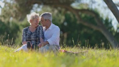 Yaşlı çift doğada romantik bir anın tadını çıkarıyor, çimenlerde bir battaniyenin üzerinde oturuyorlar.
