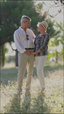 Kıdemli çift el ele tutuşuyor, gülümsüyor ve parkta güneşli bir günün tadını çıkarıyor.