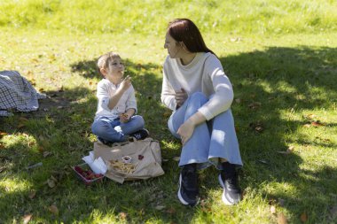 Anne ve oğlu birlikte piknik yapıyor, doğada kaliteli vakit geçiriyorlar.