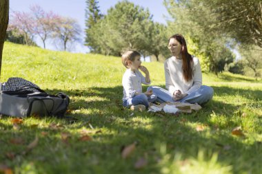 Anne ve oğlu canlı yeşil bir parkta rahatlatıcı bir piknik sırasında atıştırmalıkları paylaşıyorlar.