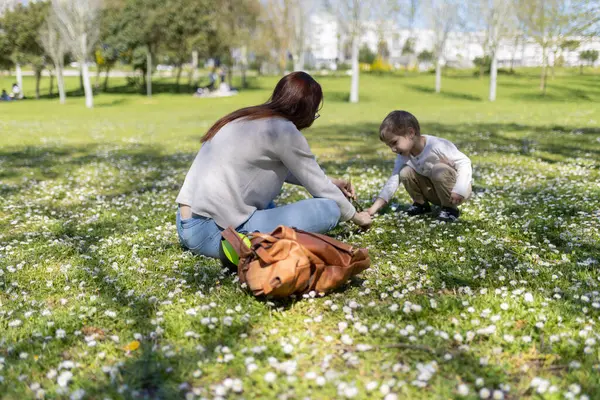 Anne ve kızı güneşli bir günde parkta papatya topluyor.