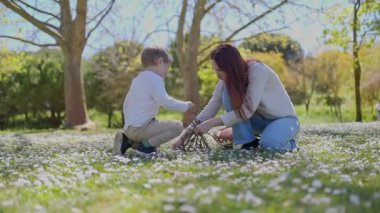 Kızıl saçlı kadın ve oğlu papatya tarlasında dallı küçük bir çadır kuruyorlar.