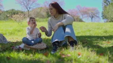 Mutlu anne ve oğul güneşli bir parkta neşeli bir piknik yaparken kirazlarını paylaşıyorlar.
