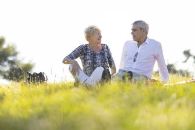 Mutlu emekli çift, doğada boş vakitlerin tadını çıkarıyor, çayırda oturuyor ve sohbet ediyorlar.