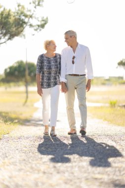 Yaşlı bir çift güneşli bir günde keyifli bir gezinti yapıyor, el ele tutuşuyorlar ve birbirlerine bakıyorlar.
