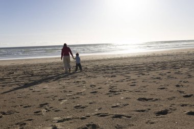 Anne ve oğlu gün batımında bir sahilde el ele tutuşup okyanusa doğru yürüyorlar.